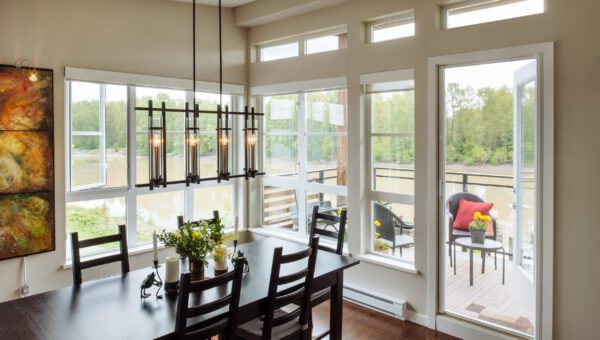 Dining room with Phantom retractable screens on open door leading to balcony