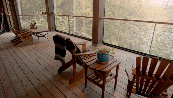 Close up of patio chairs on wooden decking